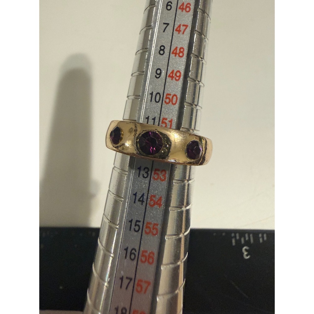 Gold Tone Wide Band Ring with Triple Purple Round Cut Rhinestones Size 11.5